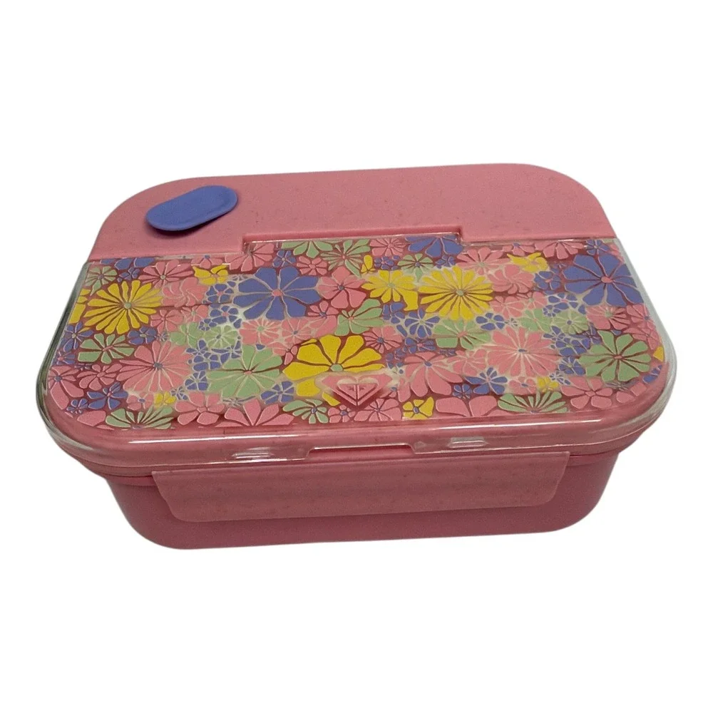 Roxy Hard Lunch Box Food Container with Utensils Snap Lid EUC Pink Floral